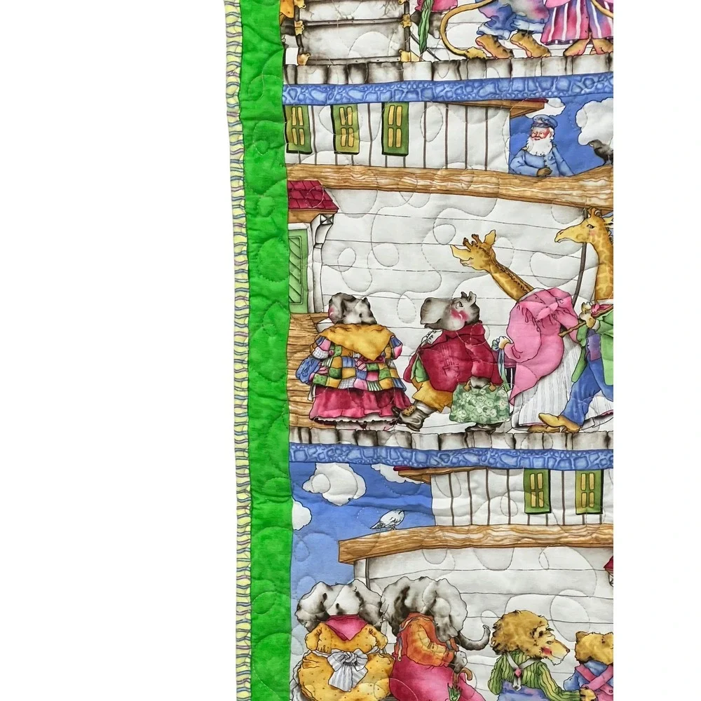 Noahs Ark Animal Quilt 40x42 Whimsical Nursery Lap Throw‎ Green Patch